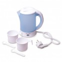 Чайник 0,6 л електропластиковий, біло-блакитний з чашками і ложками Kamille КМ-1718Б