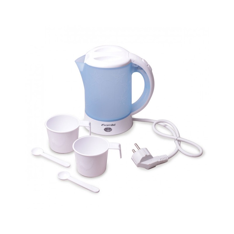 Чайник 0.6 л электрический пластиковый,белый-голубой c чашками и ложками Kamille KM-1718B